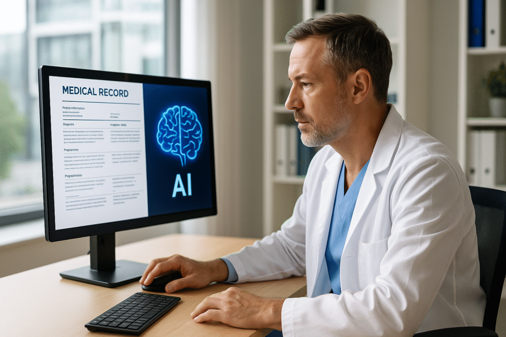 Médico de jaleco branco analisa prontuário médico com ícone de IA e cérebro digital em monitor