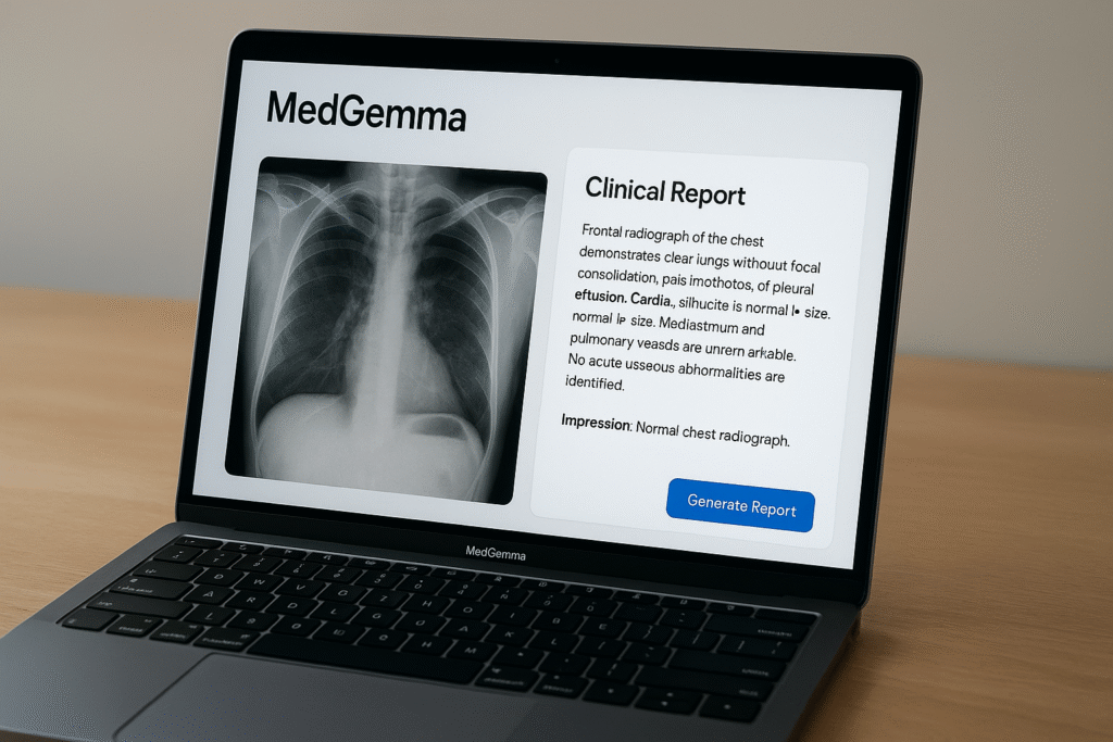 Notebook exibindo o aplicativo MedGemma com radiografia de tórax e relatório clínico gerado por IA