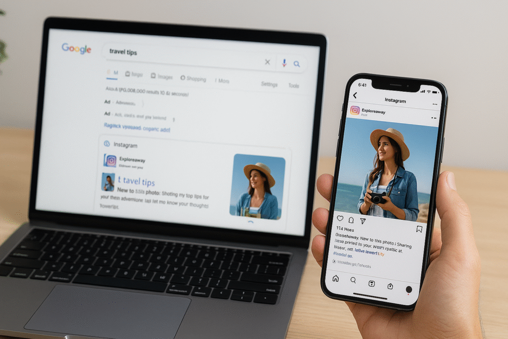Mãos seguram celular exibindo post de Instagram, com o mesmo resultado de busca aparecendo no notebook ao lado
