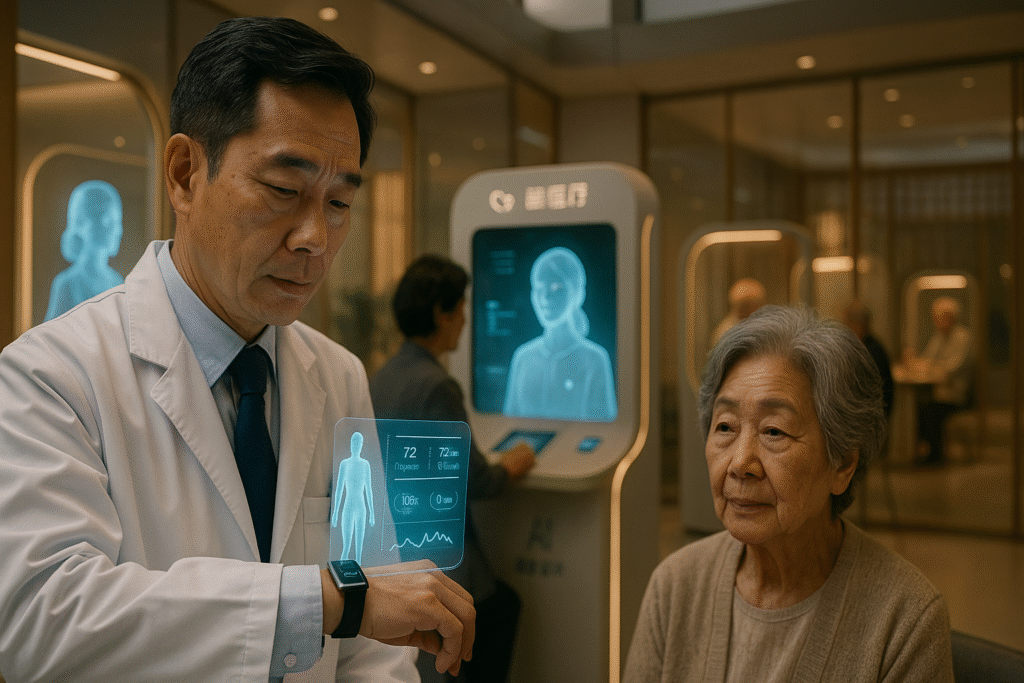 Médico consulta dados de saúde em tela holográfica no pulso ao lado de paciente idosa, com totem de atendimento futurista ao fundo