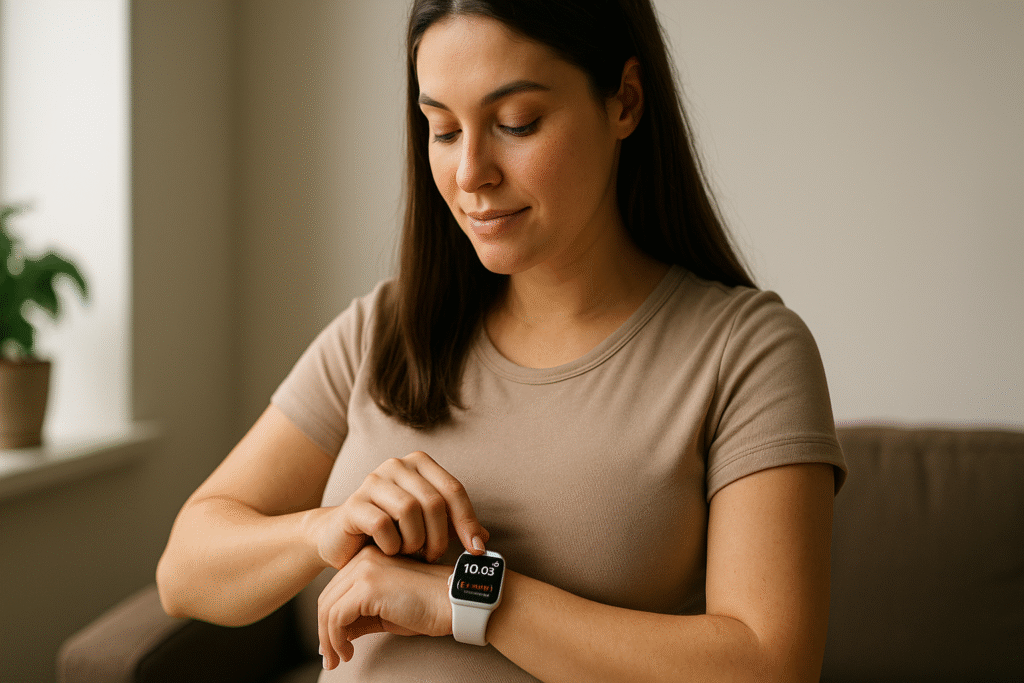 Mulher grávida confere o horário e notificação no smartwatch