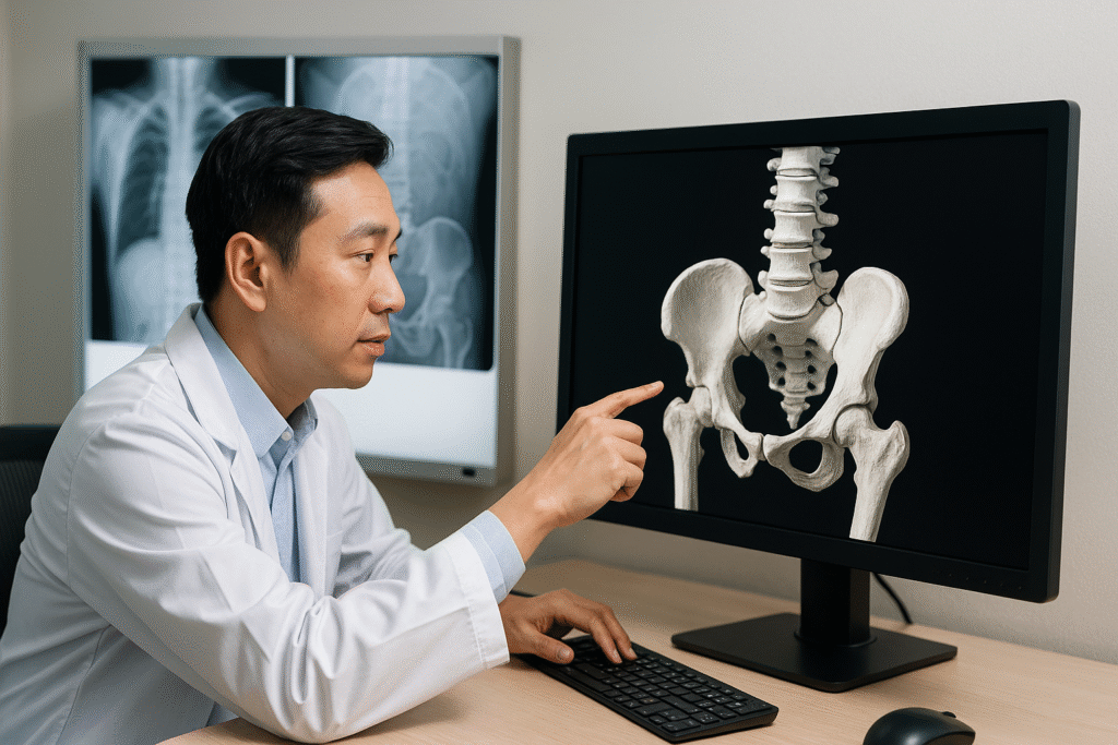 Médico aponta para imagem 3D da bacia e coluna em monitor, com radiografias ao fundo