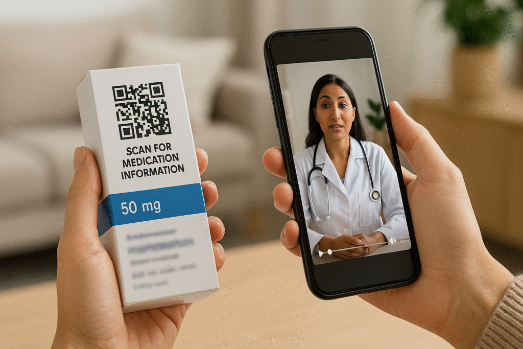 Mãos seguram caixa de remédio com QR code e celular em teleconsulta com médica