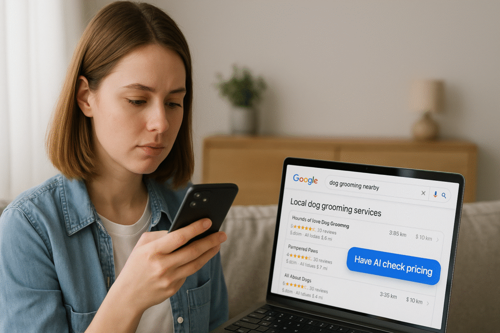 Mulher olha o celular ao lado de notebook exibindo busca no Google com botão de checagem de preço por IA
