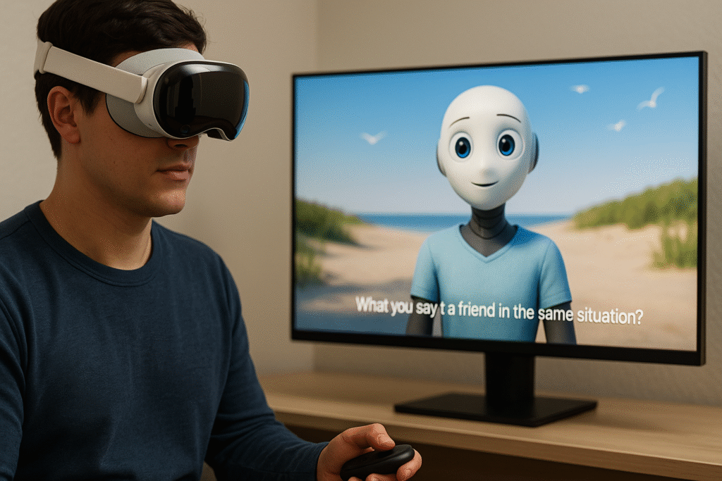Homem com óculos de realidade virtual interage com assistente animado exibido na TV