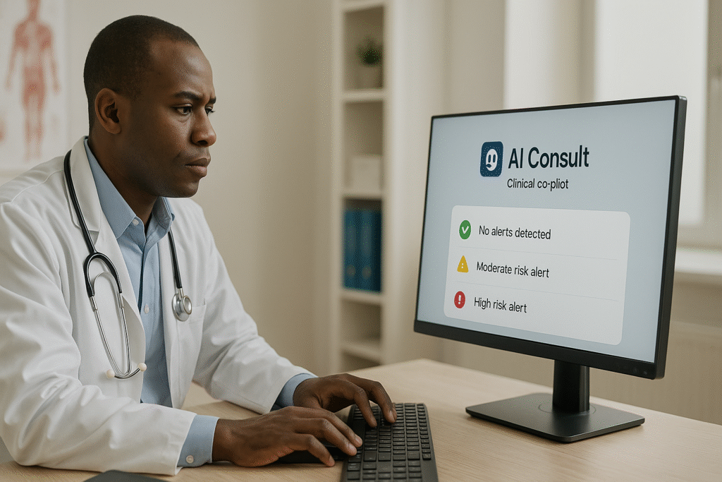 Médico digita no computador com painel de alertas de risco do sistema AI Consult na tela