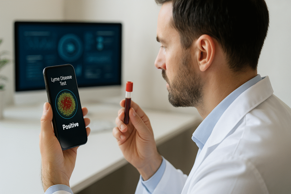 Médico segura tubo de sangue e observa celular exibindo resultado positivo para doença de Lyme