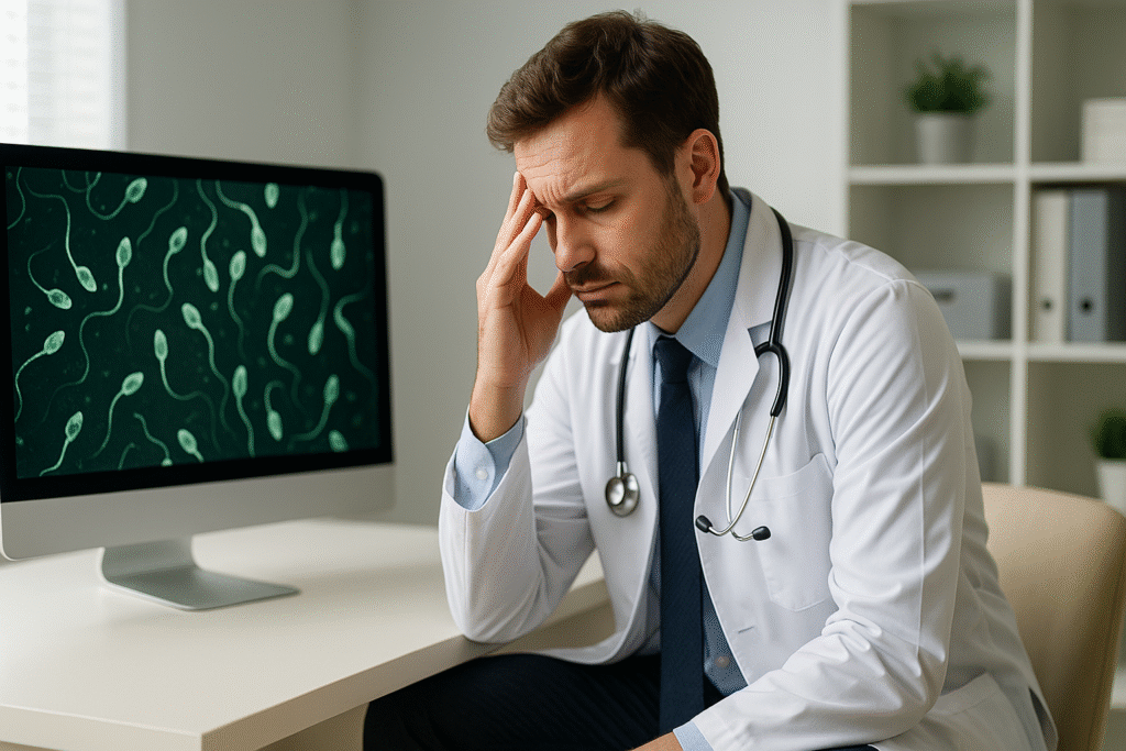 Médico preocupado, mão na testa, em frente a monitor exibindo imagem de espermatozoides ao microscópio