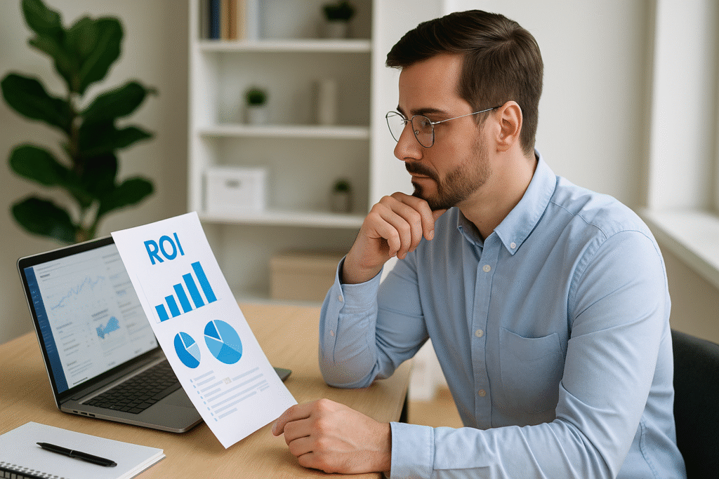 Homem pensativo segura folha com gráfico de ROI ao lado de notebook exibindo painel de dados