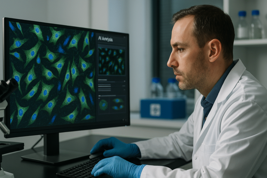 Pesquisador de luvas azuis analisa imagem de células ao microscópio com painel de análise por IA no monitor