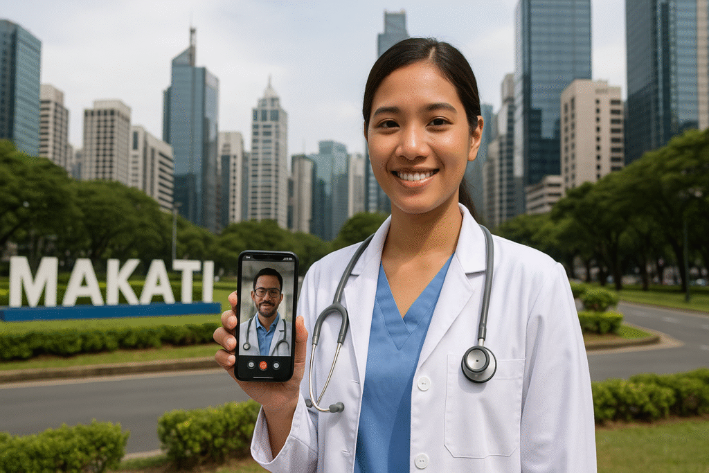 Médica sorridente segura celular em videochamada com colega, com o letreiro de Makati ao fundo