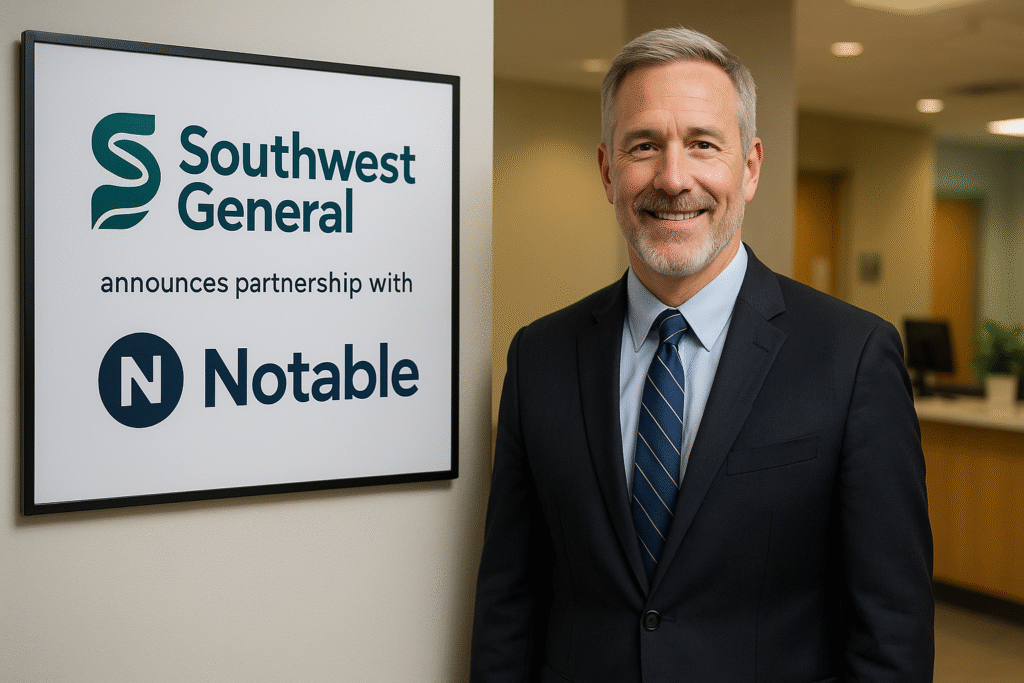 Homem de terno sorri ao lado de cartaz anunciando parceria entre Southwest General e Notable