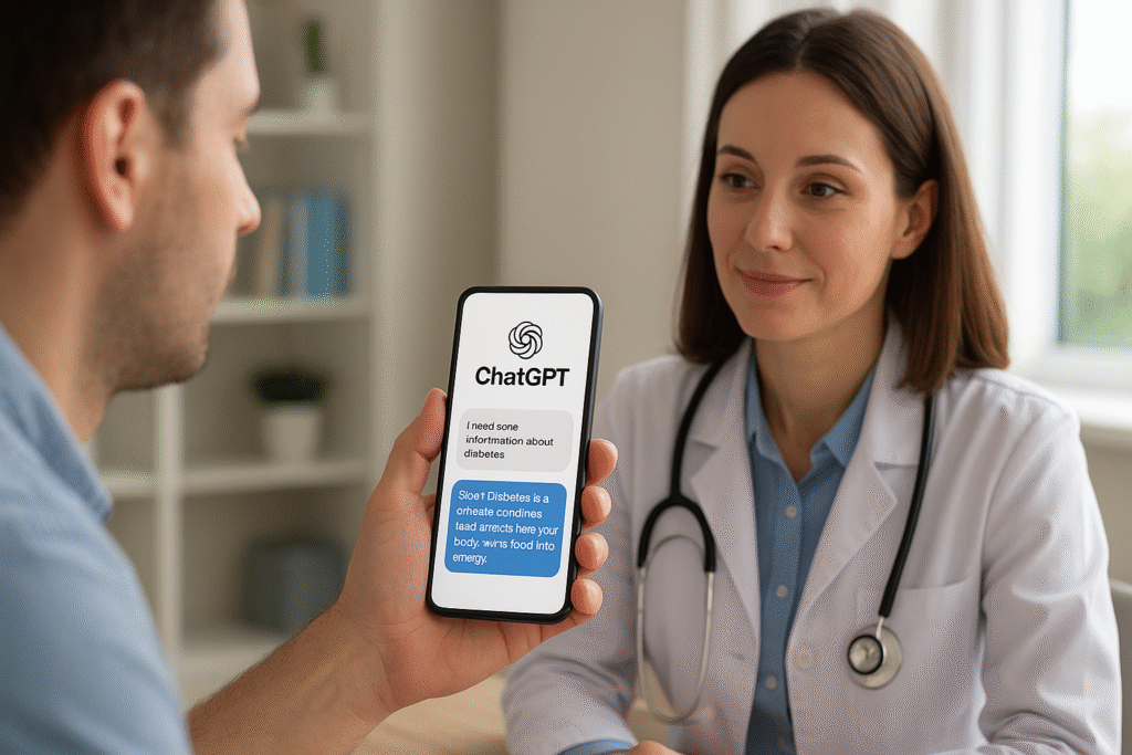 Mão segura celular exibindo uma conversa no ChatGPT enquanto médica observa