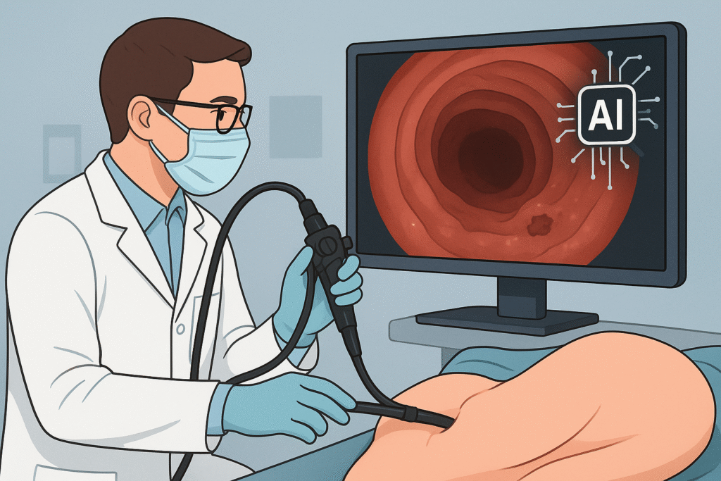 Ilustração de médico realizando endoscopia com imagem do exame e ícone de IA na tela
