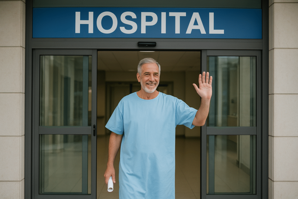 Paciente idoso de avental hospitalar acena sorrindo na entrada de um hospital