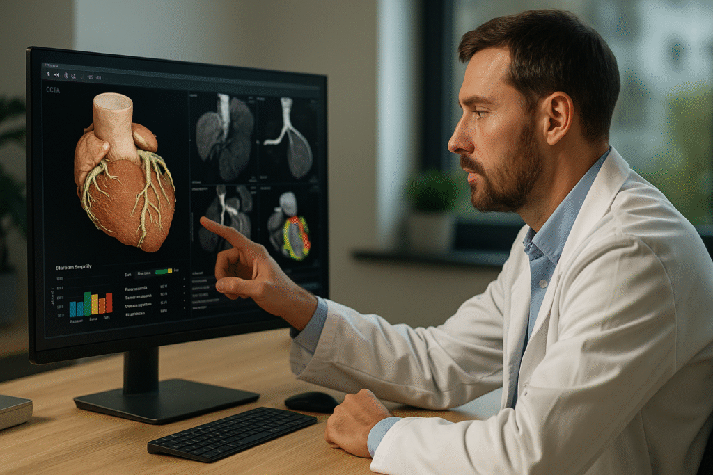 Médico aponta para imagem 3D do coração e exames em monitor durante análise