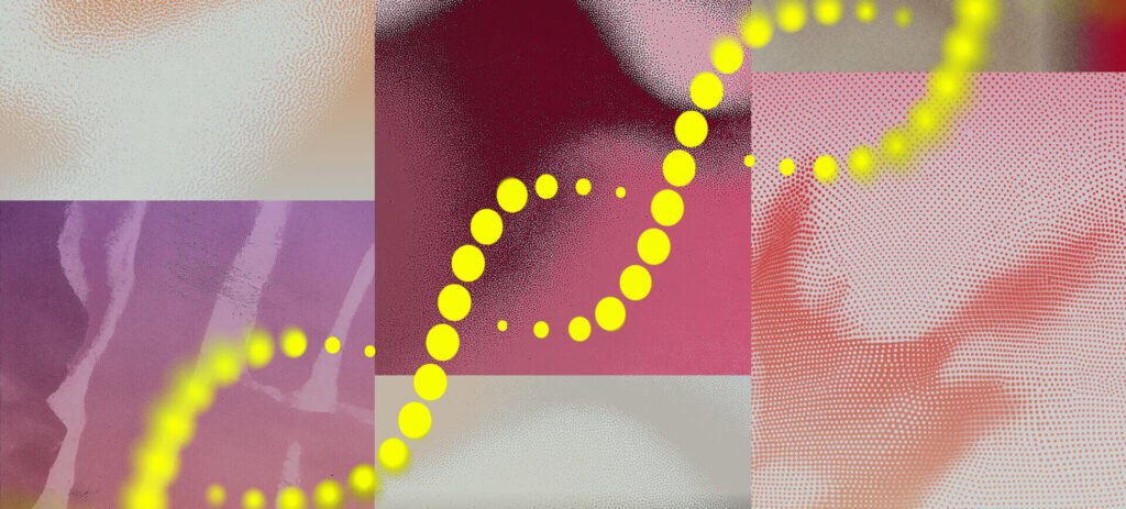 Colagem abstrata em tons pastel com uma trilha de pontos amarelos brilhantes