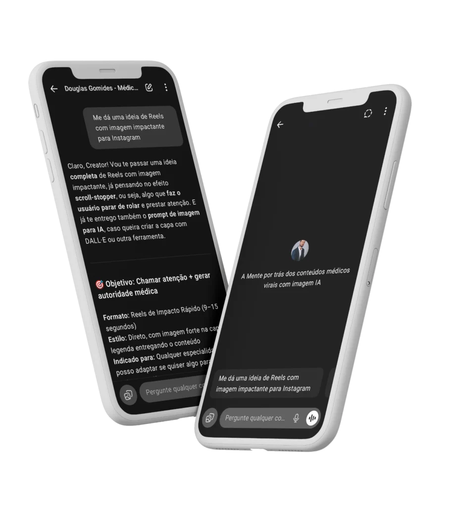 Dois celulares exibindo conversas com assistente de IA sobre ideias de Reels e conteúdo médico viral com imagem gerada por IA