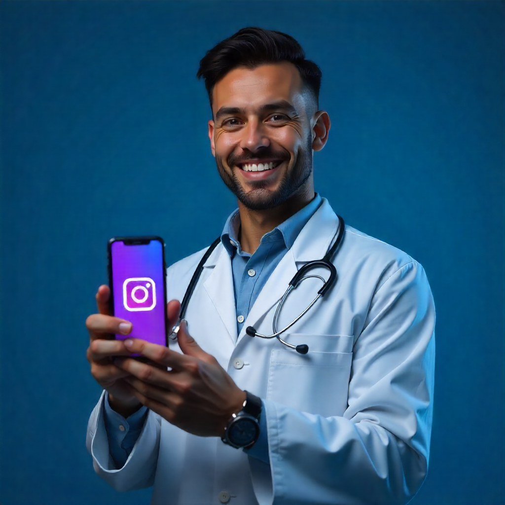 Médico sorridente de jaleco branco segura celular exibindo o logo do Instagram