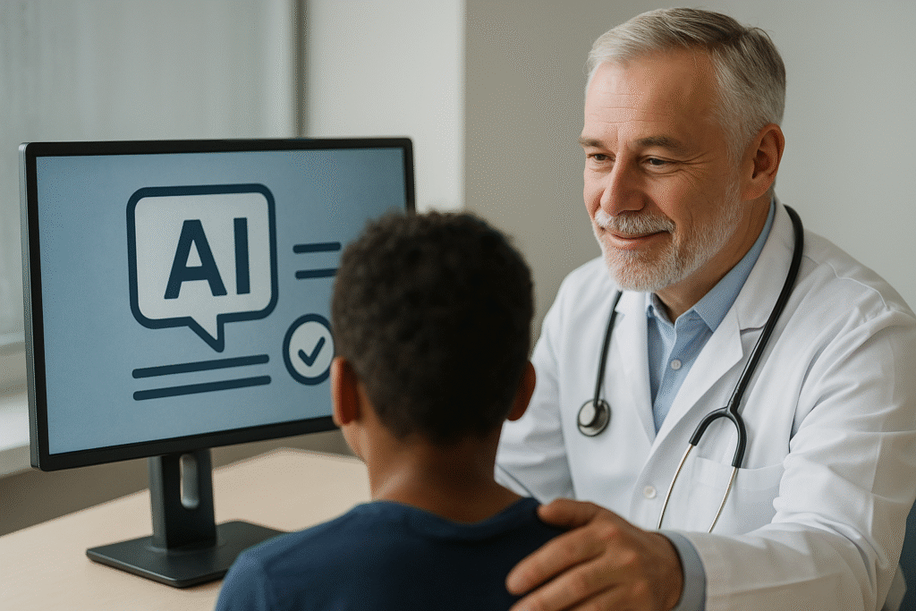 Médico sorridente conversa com criança em frente a monitor exibindo ícone de IA