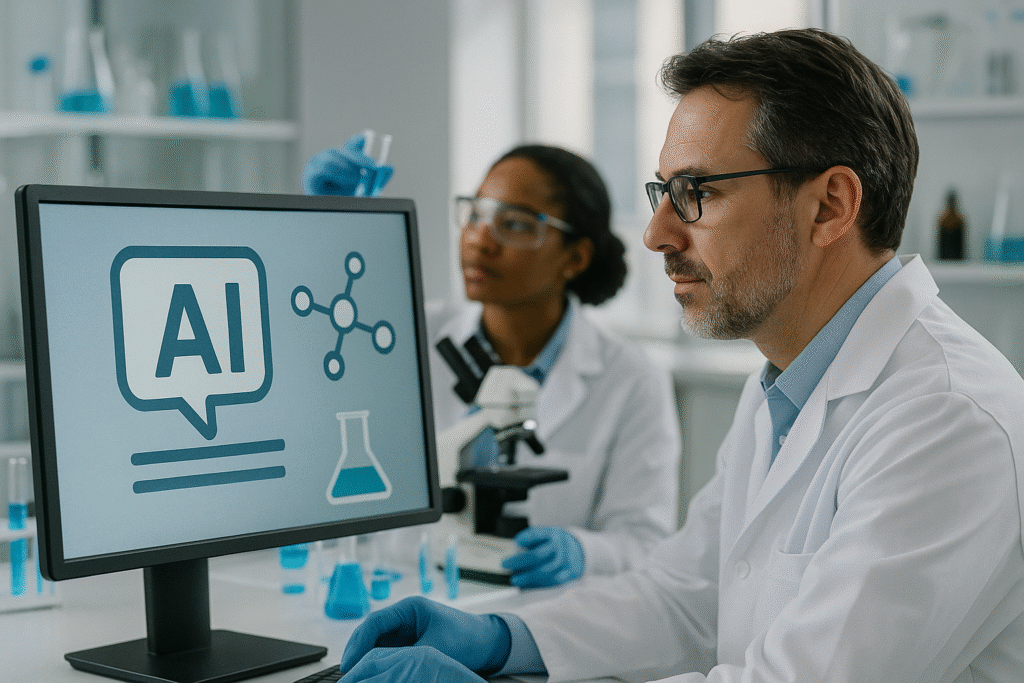Cientista de jaleco branco observa monitor com ícone de IA ao lado de colega usando microscópio em laboratório
