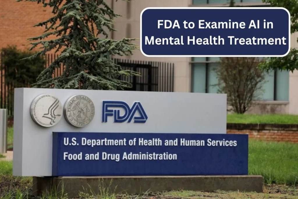 Placa do FDA (Food and Drug Administration) com texto sobre exame de IA em tratamento de saúde mental