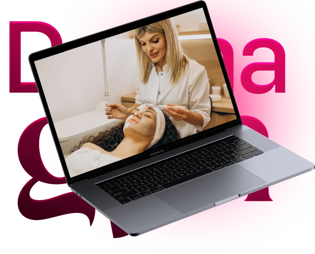 Notebook exibindo esteticista aplicando máscara facial em cliente durante procedimento de skincare