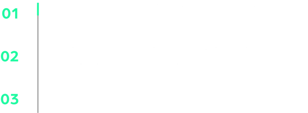 Linha do tempo vertical numerada com os passos 01, 02 e 03 em verde