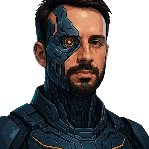 Ilustração de rosto meio humano, meio ciborgue, representando fusão entre médico e inteligência artificial