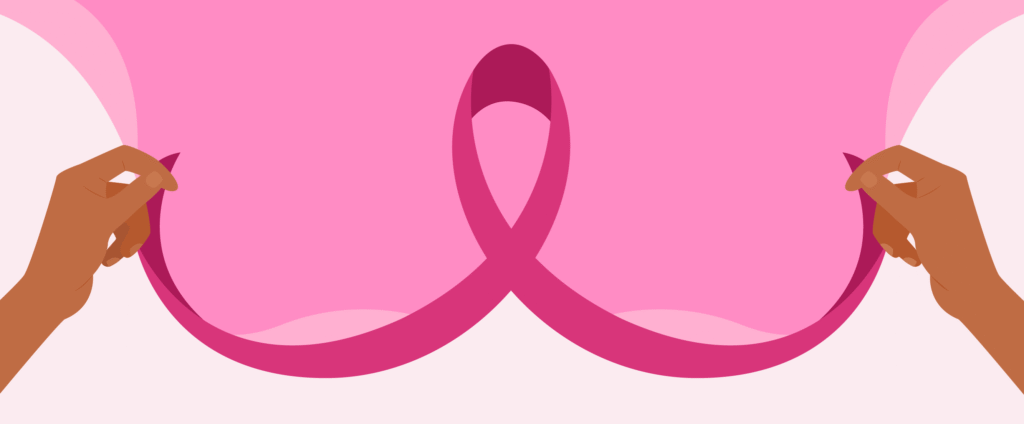Ilustração de mãos segurando um laço rosa, símbolo da conscientização sobre o câncer de mama