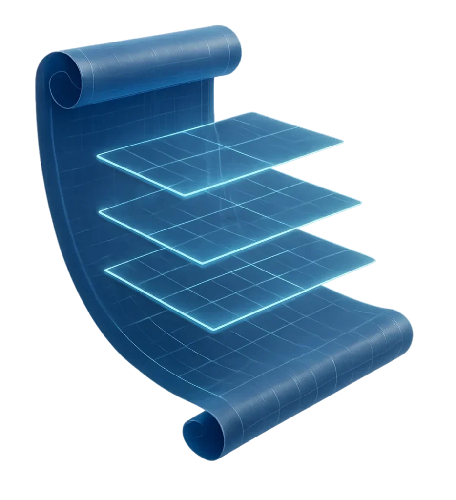 Ilustração de pergaminho azul digital com camadas de grade translúcida saindo do papel