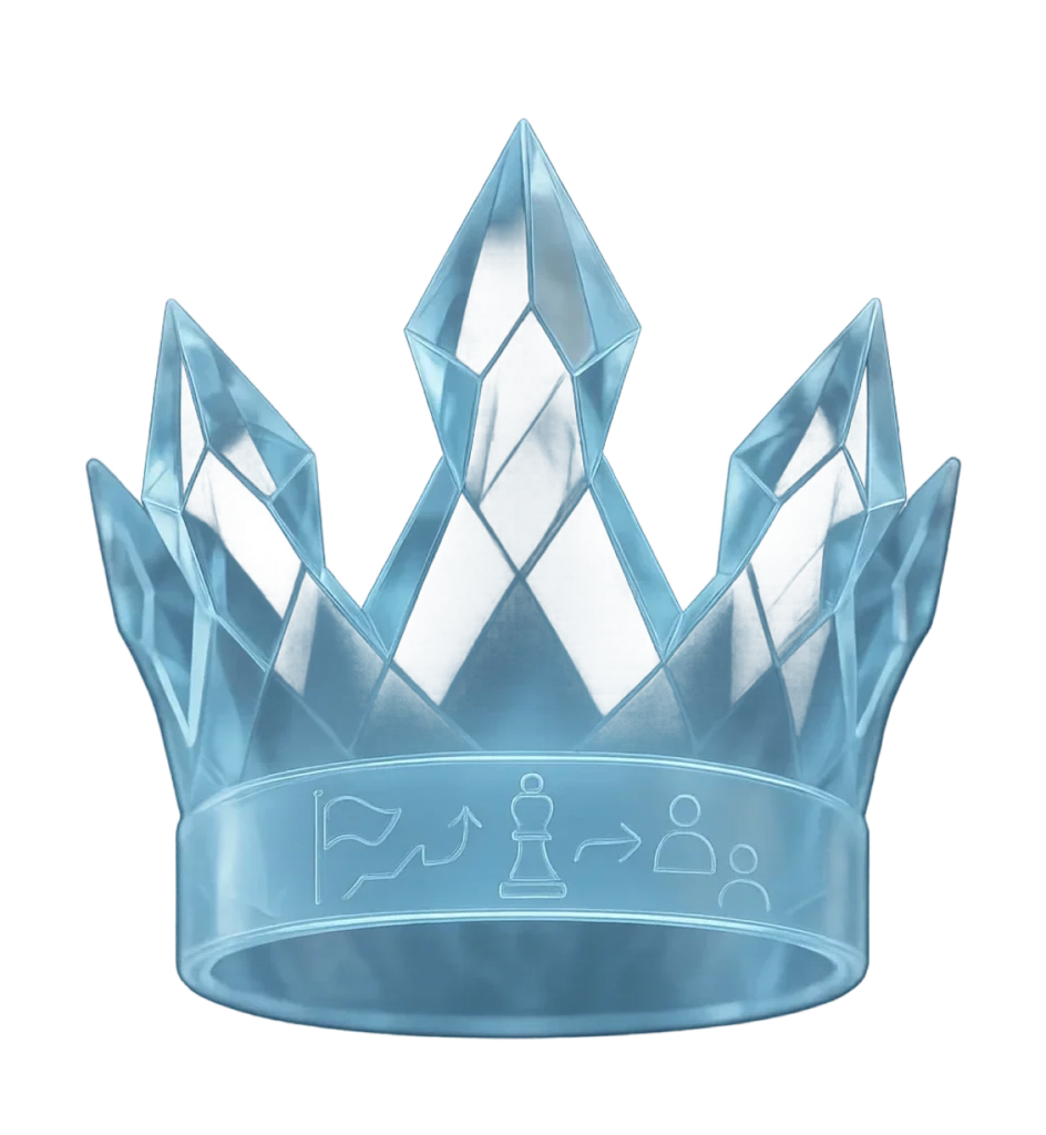 Ilustração de coroa de cristal azul com ícones gravados de bandeira, peça de xadrez e pessoas