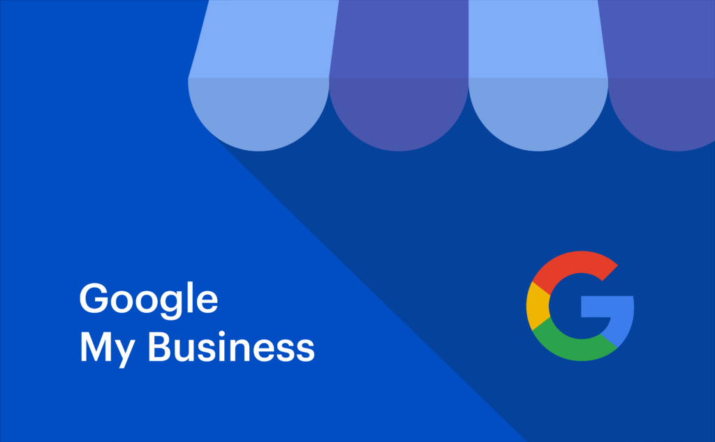 Ilustração com os logos do Google e do Google Meu Negócio sobre fundo azul com desenho de toldo de loja