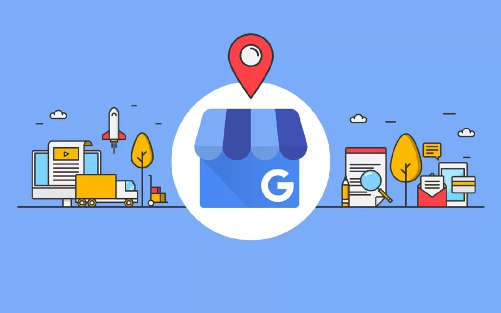 Ilustração de vitrine com o logo do Google representando o Google Meu Negócio, cercada de ícones de marketing digital