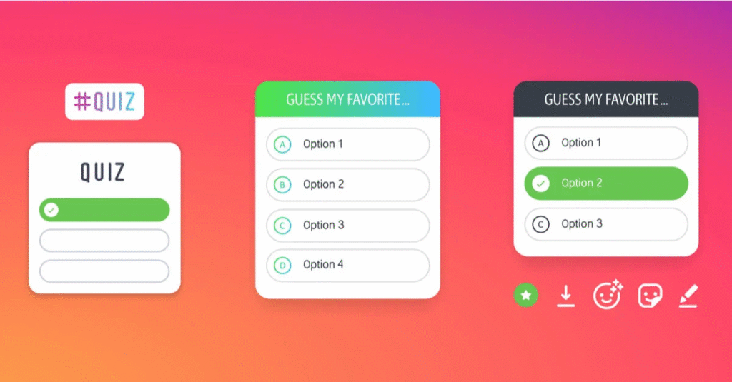 Modelos de interface de quiz interativo para redes sociais com opções de resposta