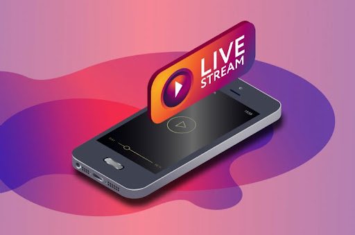 Ilustração de celular com selo de 'Live Stream' em fundo gradiente rosa e roxo