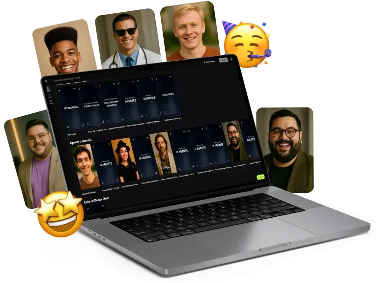 Notebook exibindo a plataforma Doctor Circle com aulas e mentores, cercado de fotos de médicos sorridentes e emojis de celebração