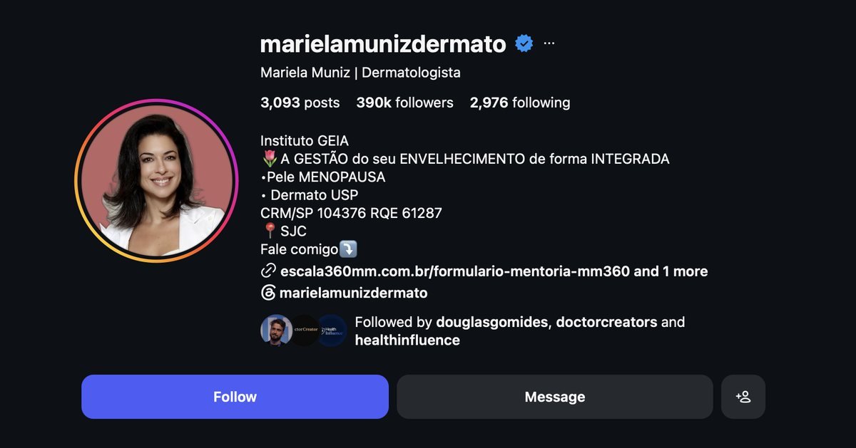 Perfil da Dra. Mariela Muniz no Instagram